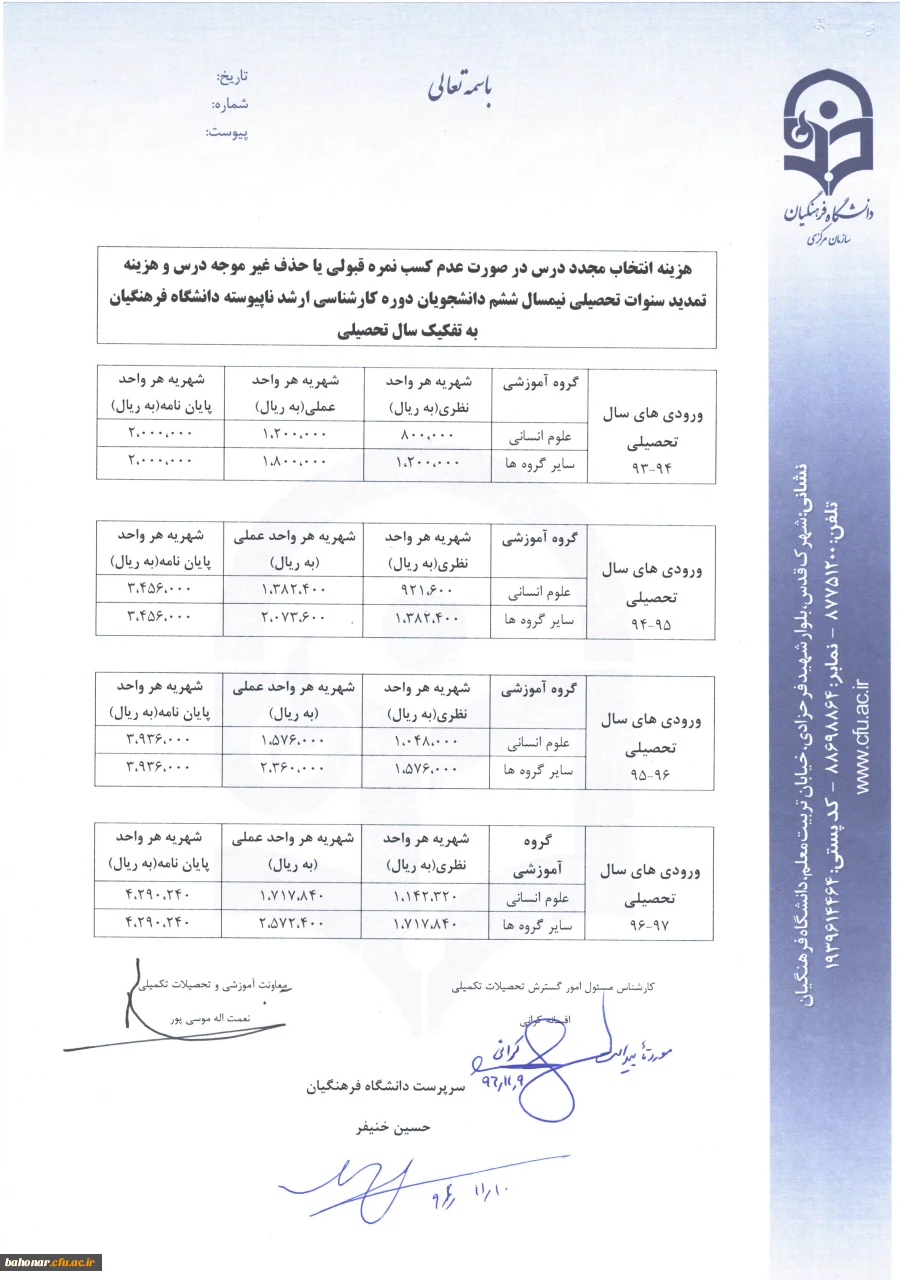 هزینه انتخاب مجدد درس ، حذف غیر موجه و تمدید سنوات 4