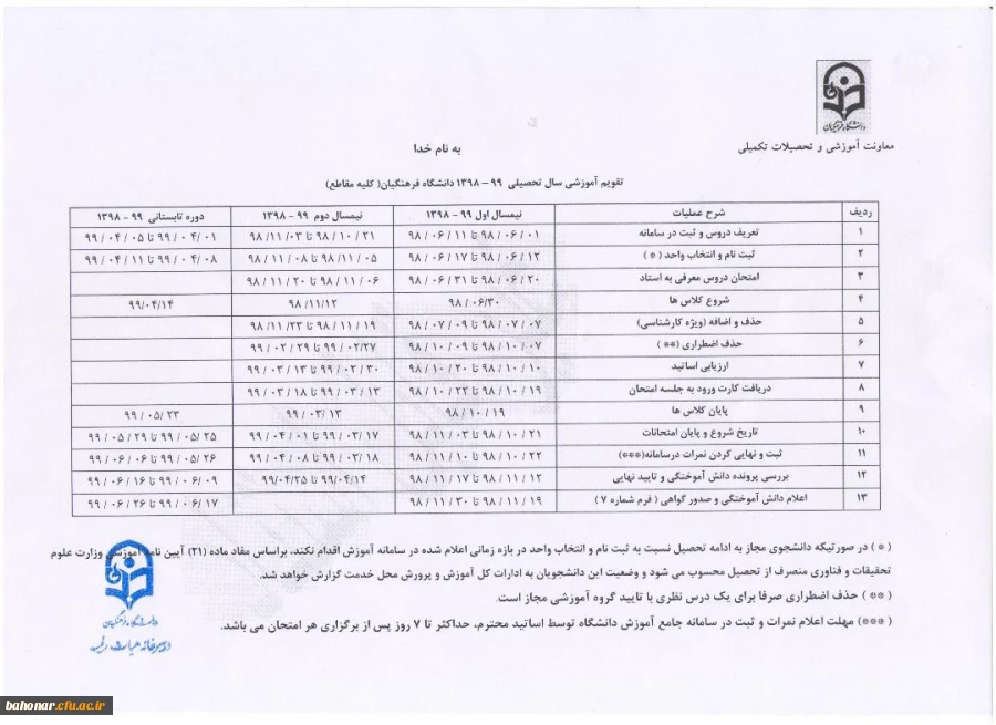 تقویم آموزشی مرکز آموزش عالی شهید باهنر  2