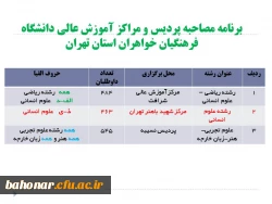 اطلاعیه شماره 2 :

برنامه مصاحبه پردیس و مراکز آموزش عالی دانشگاه فرهنگیان خواهراناستان تهران
 3