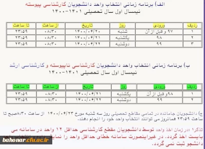 برنامه زمانی انتخاب واحد دانشجویان کارشناسی نیمسال اول 1401-1400(+فیلم آموزشی انتخاب واحد) 