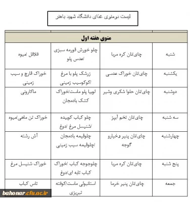 لیست دومنوی غذای مرکز باهنر (منوی هفته اول و دوم )