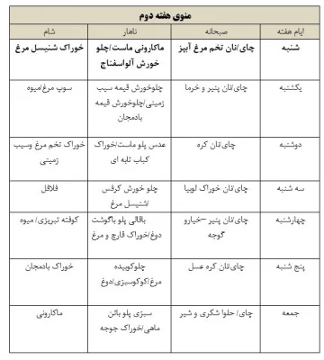 لیست دومنوی غذای مرکز باهنر (منوی هفته اول و دوم ) 3